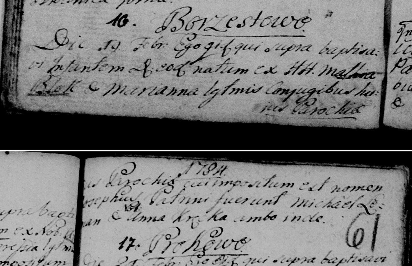 Baptism record of Józef Blok, 1784