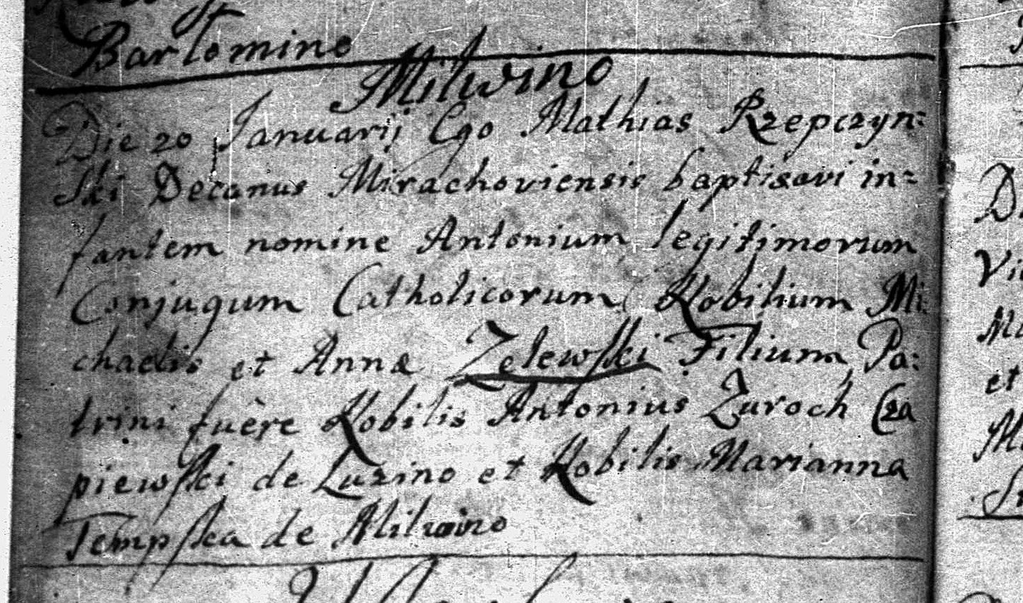 Baptism entry of Antoni von Żelewski, 1746