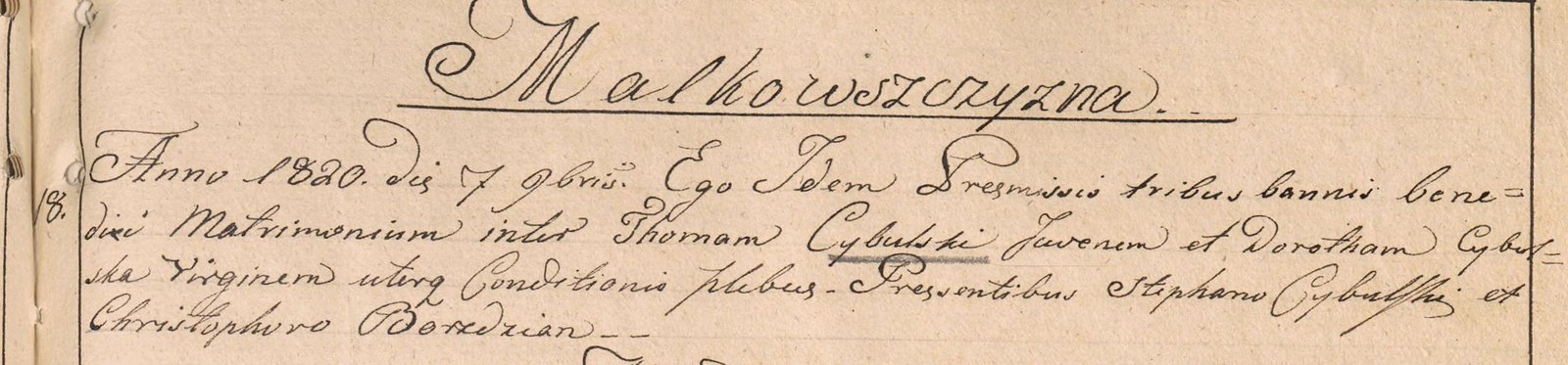 Marriage of Tomasz Cybulski to Dorota Cybulska, 7 November 1820