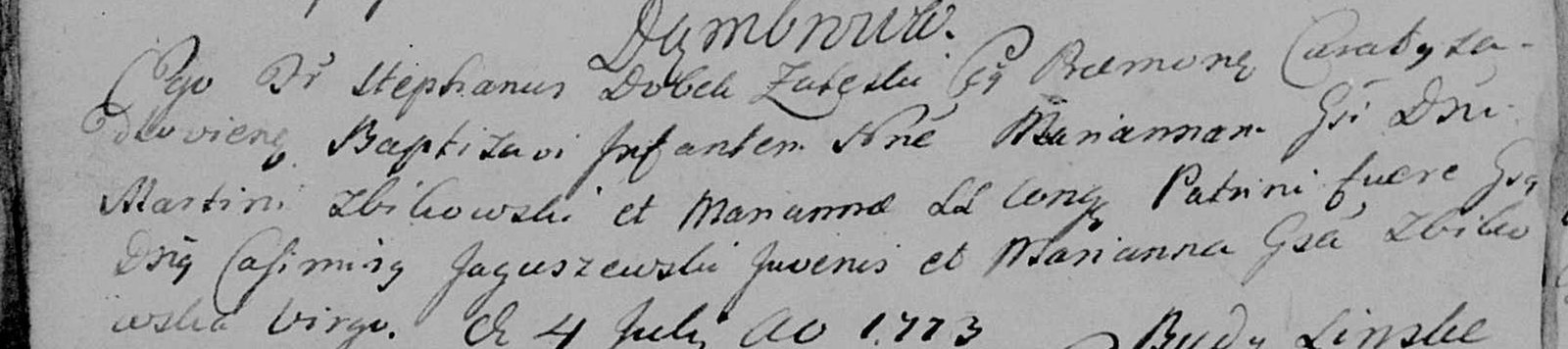 Baptism entry of Marianna Żbikowska, 1773
