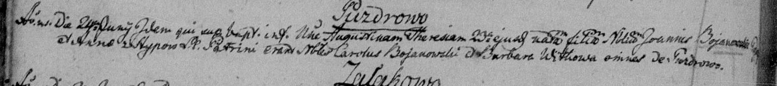 Baptism entry of Augustyna Teresa Bojanowska, 1818