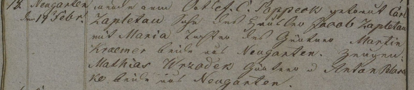 Marriage entry of Karol Zapletal in the second copy of the register, 1843 (fragment)