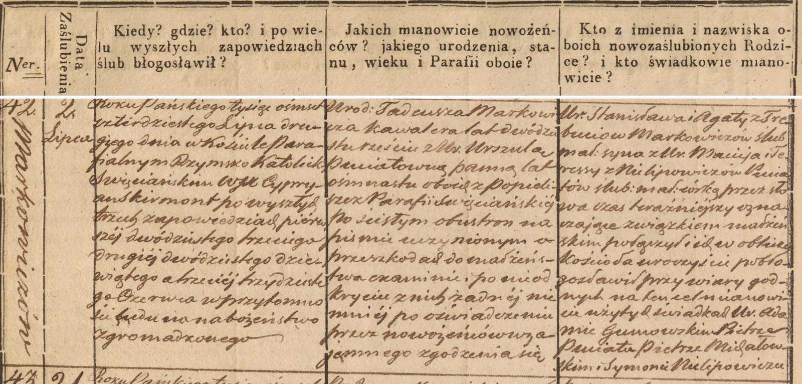 Marriage of Tadeusz Markowicz to Urszula Puciata, 2 July 1840