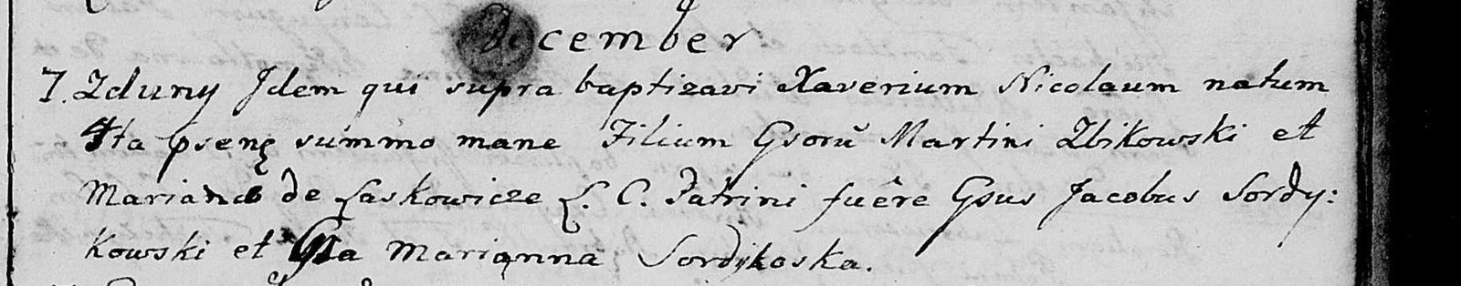 Baptism entry of Ksawery Mikołaj Żbikowski, 1775