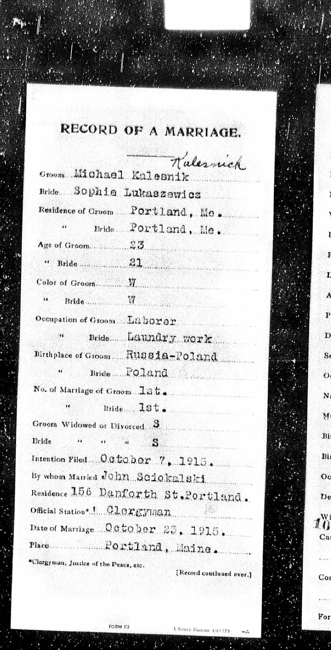 Record of marriage, Portland, Maine, October 23, 1915